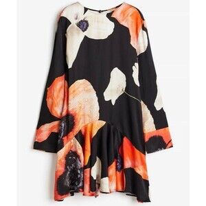 NWT H&M Limited Edition Size S Short Satin Black Orange Floral Poppy Dress